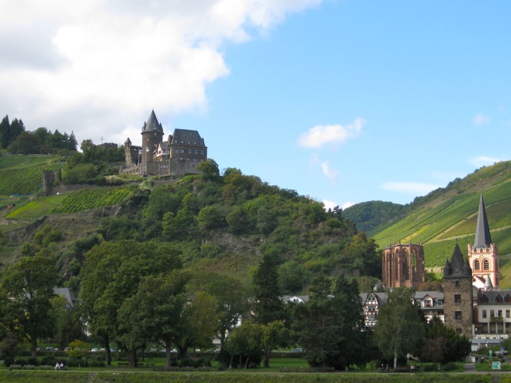 Bacharach's church spires and vineyards below Stahleck Castle in the Rhine Valley