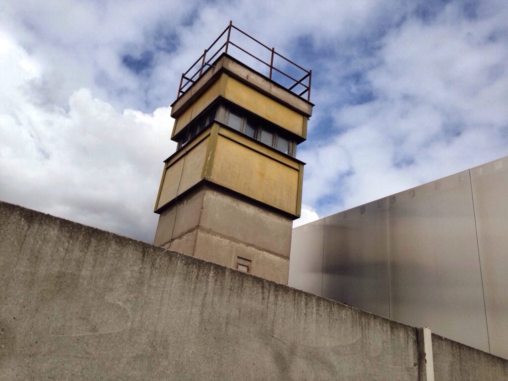 A preserved watchtower and section of the Berlin Wall at the Berlin Wall Memorial on Bernauer Strasse