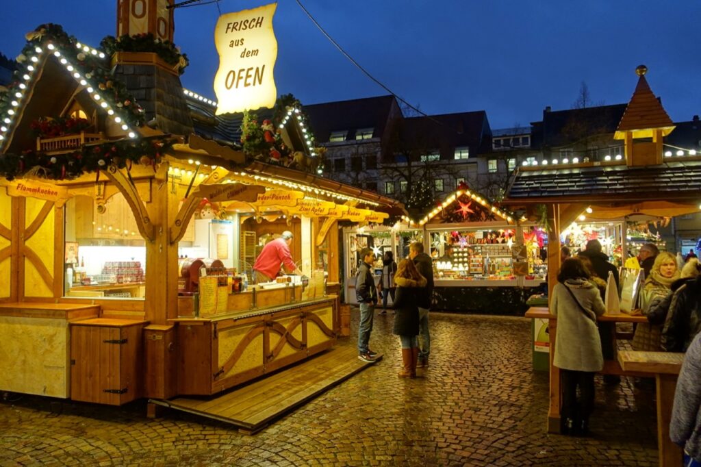 Half-timbered bakery stall at the Christmas market in Heidelberg's old town