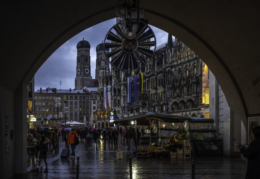 Marienplatz in Munich, with the New Town Hall and the twin towers of the Frauenkirche