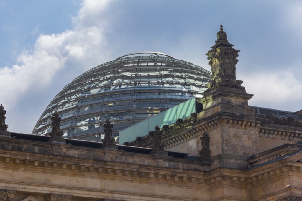 The glass dome on top of the Reichstag building, home of the German parliament in Berlin