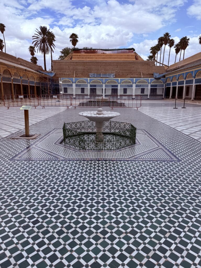 The marble and zellige-tiled grand courtyard of the Bahia Palace, Marrakech