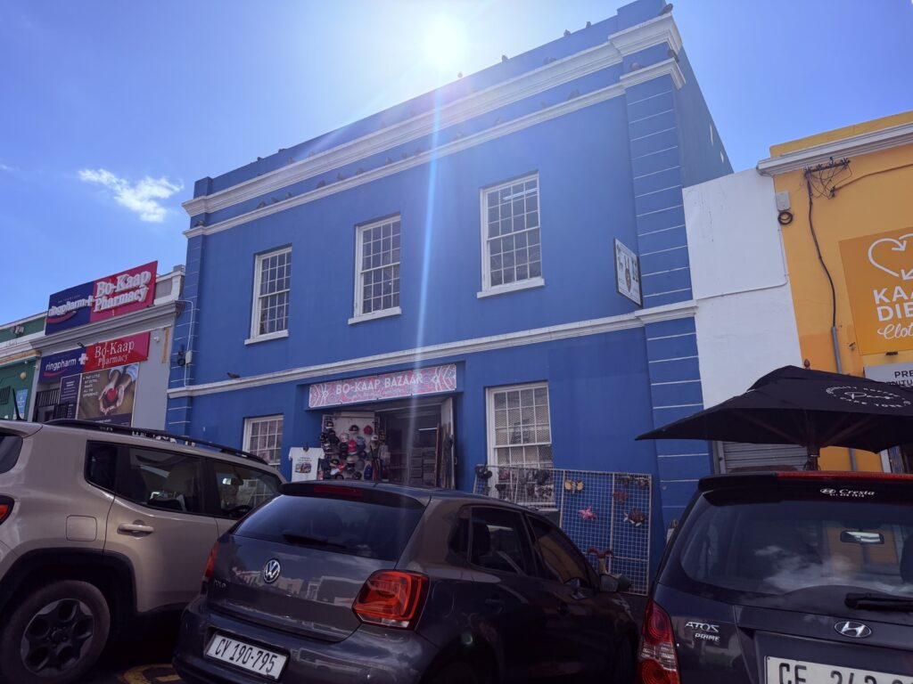 A bright blue building on the edge of the Bo-Kaap, Cape Town's colourful historic Cape Malay quarter
