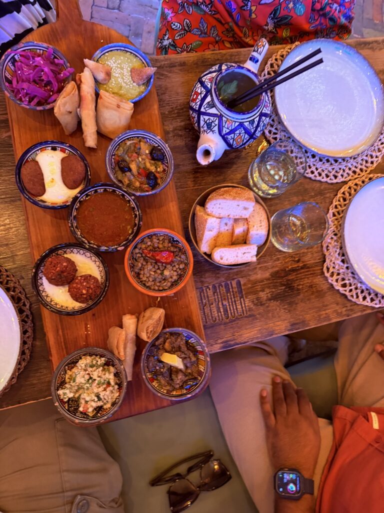 A Moroccan mezze board at La Pergola rooftop jazz bar in the Marrakech medina