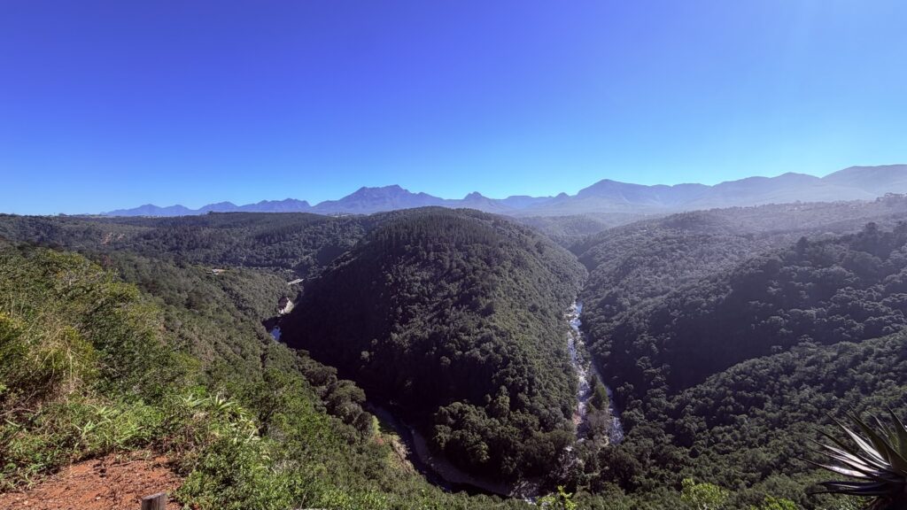 Garden Route road trip view from the Map of Africa viewpoint above Wilderness, where the Kaaimans River bends around a forested ridge shaped like Africa