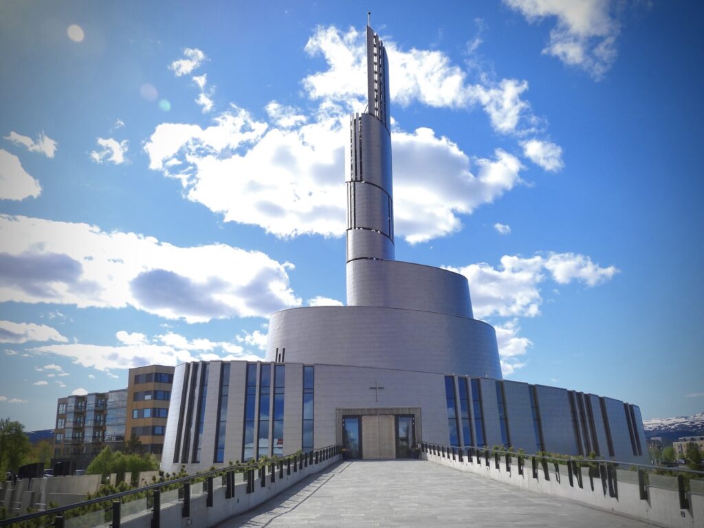 The spiral tower of the Northern Lights Cathedral in Alta, Norway